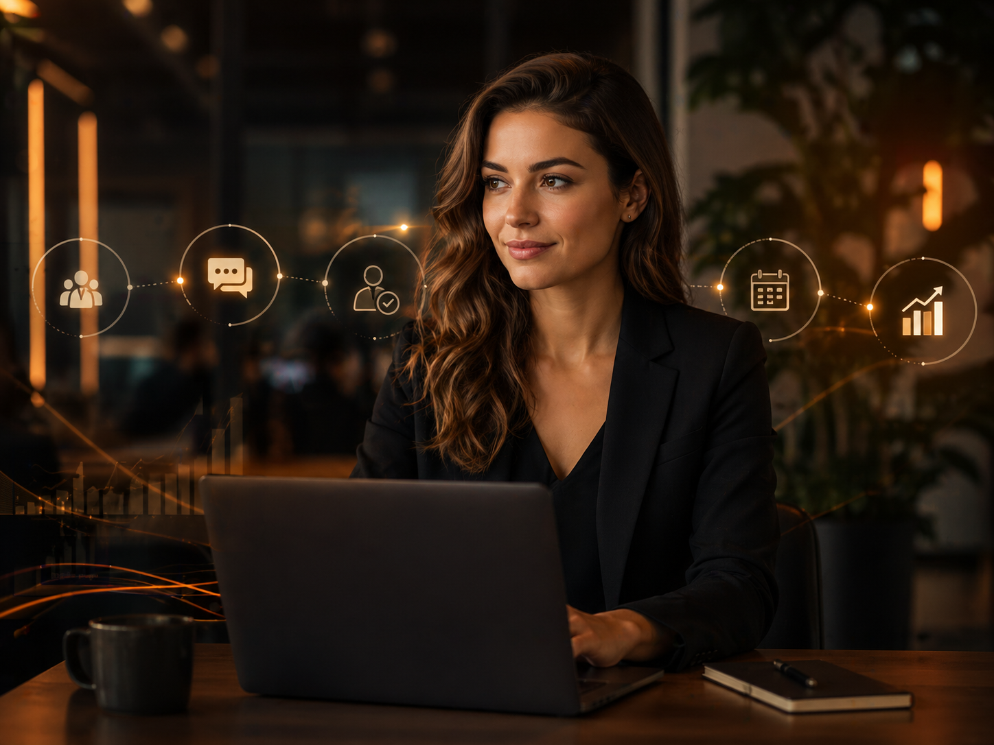Mulher usando notebook em ambiente escuro com ícones digitais de atendimento, agenda, clientes e crescimento ao fundo.