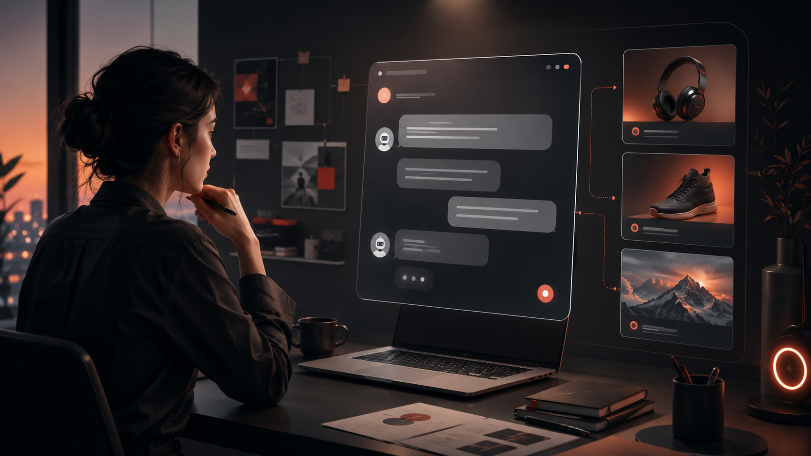 Pessoa analisando uma interface de conversa com IA em um notebook, com cards de recomendação ao lado, representando anúncios e mídia em ambientes conversacionais.